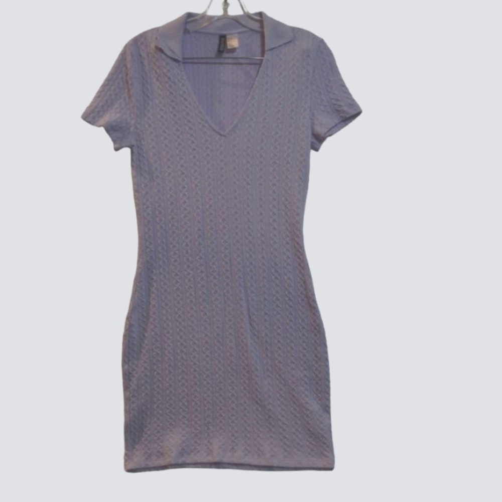 DIVIDED H&M Knit Wafle Texture Lilac Deep-V-Neck Polo-Collar Short-Sleev Dress M